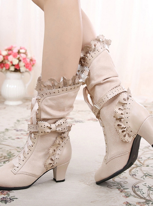 Handmade Bowknot Ribbon Vintage Gorgeous Victorian Steampunk Style Lace Classic Lolita Outdoor High Boots