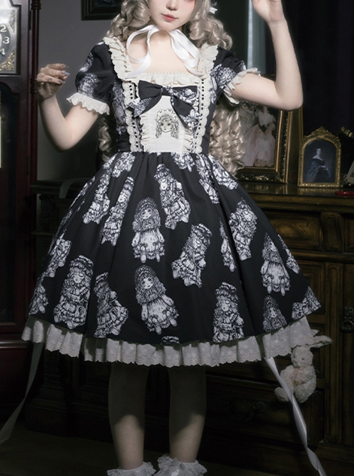 Night Of Dolls Series Black Square Collar Lace Ruffles Bowknot Antique Doll Embroidery Classic Lolita Puff Sleeves Dress OP