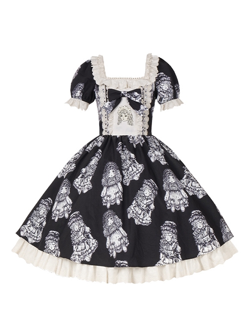 Night Of Dolls Series Black Square Collar Lace Ruffles Bowknot Antique Doll Embroidery Classic Lolita Puff Sleeves Dress OP