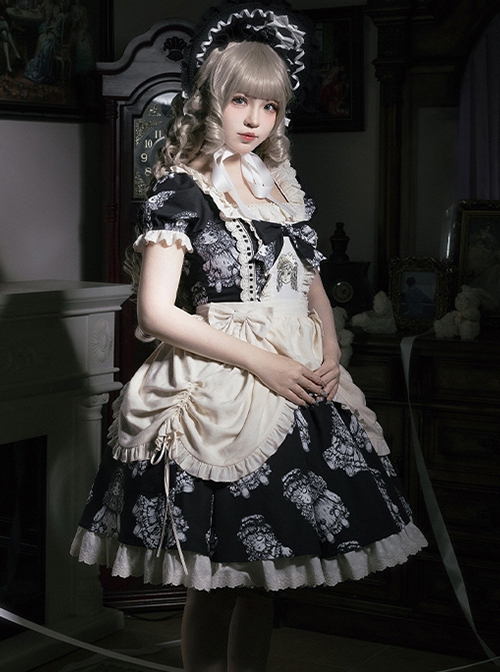 Night Of Dolls Series Black Square Collar Lace Ruffles Bowknot Antique Doll Embroidery Classic Lolita Puff Sleeves Dress OP