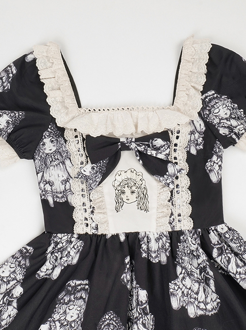 Night Of Dolls Series Black Square Collar Lace Ruffles Bowknot Antique Doll Embroidery Classic Lolita Puff Sleeves Dress OP