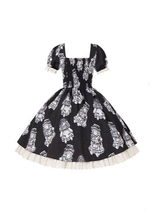Night Of Dolls Series Black Square Collar Lace Ruffles Bowknot Antique Doll Embroidery Classic Lolita Puff Sleeves Dress OP