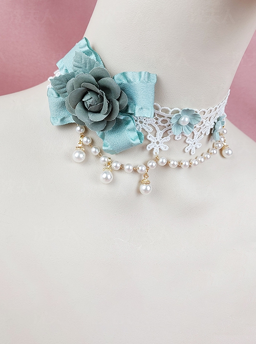 Cool Summer Series Gorgeous Elegant Sweet Lace Bowknot Versatile Roses Pearl Chain Classic Lolita Necklace