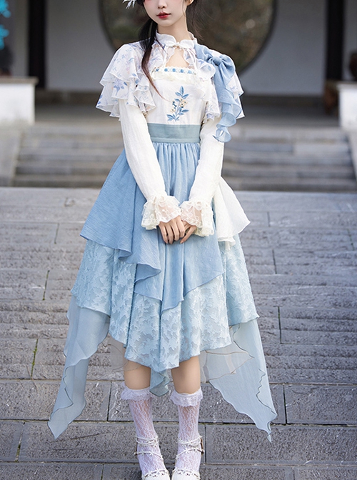 Sea Flowers Series Blue New Chinese Style Wesh Yarn Lace Fake Two Piece Irregular Embroidered Classic Long Sleeves Lolita Dress