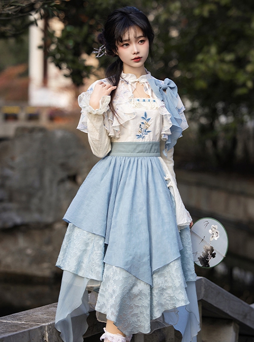 Sea Flowers Series Blue New Chinese Style Wesh Yarn Lace Fake Two Piece Irregular Embroidered Classic Long Sleeves Lolita Dress