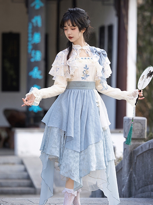 Sea Flowers Series Blue New Chinese Style Wesh Yarn Lace Fake Two Piece Irregular Embroidered Classic Long Sleeves Lolita Dress