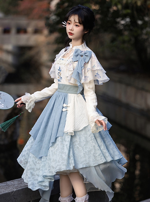 Sea Flowers Series Blue New Chinese Style Wesh Yarn Lace Fake Two Piece Irregular Embroidered Classic Long Sleeves Lolita Dress