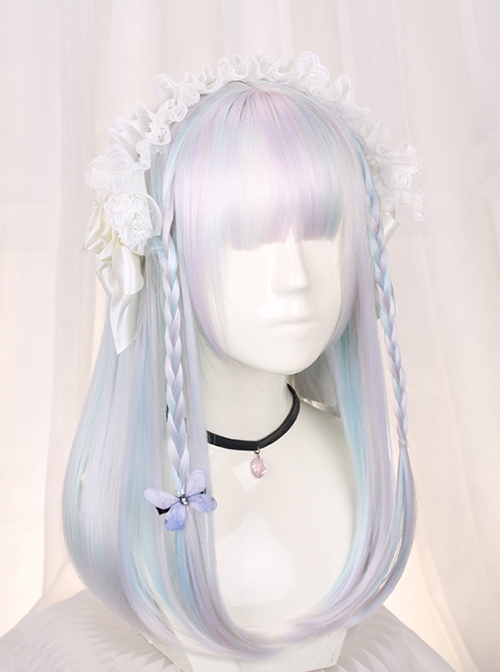Japanese Style Colorful Macarons Gradient Jewel Color Gorgeous White Flat Bangs Medium Long Hair Sweet Lolita Full Head Wig