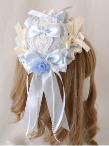 Elegant Exquisite Light Blue Sweet Ribbon Bowknot Lace Wesh Yarn Flower Pearl Chain Classic Lolita Dome Hat