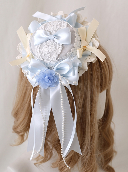 Elegant Exquisite Light Blue Sweet Ribbon Bowknot Lace Wesh Yarn Flower Pearl Chain Classic Lolita Dome Hat