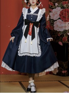 Yayoi Series Japanese Style Long Maid Uniform Contrast Color Bowknot Apron Classic Lolita Loose Long Sleeves Dress