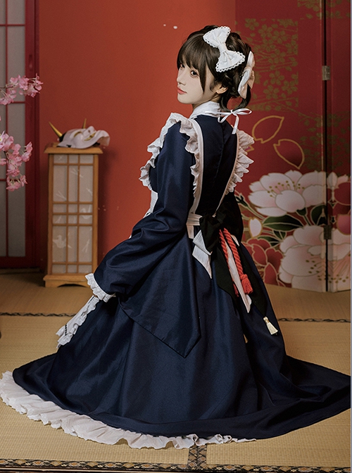 Yayoi Series Japanese Style Long Maid Uniform Contrast Color Bowknot Apron Classic Lolita Loose Long Sleeves Dress