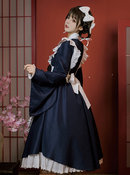 Yayoi Series Japanese Style Long Maid Uniform Contrast Color Bowknot Apron Classic Lolita Loose Long Sleeves Dress