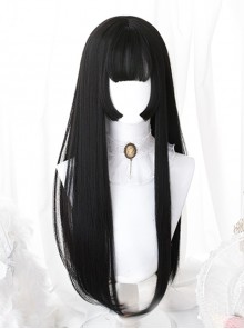 Japanese Harajuku Style Elegant Princess Cut Flat Bangs 60cm Long Straight Black Hair Classic Lolita Full Head Wig
