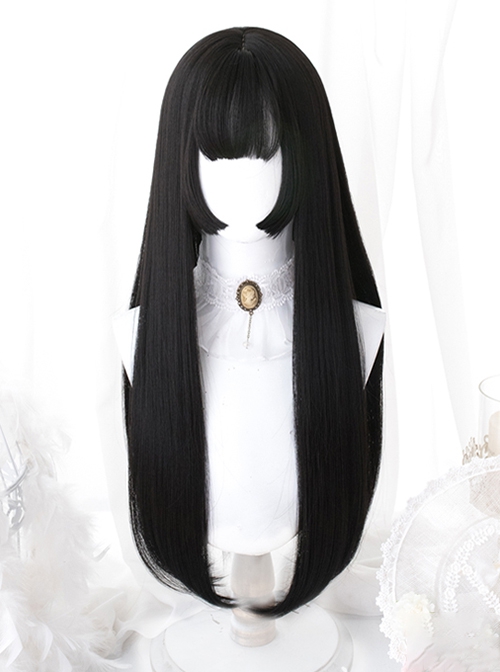 Japanese Harajuku Style Elegant Princess Cut Flat Bangs 60cm Long Straight Black Hair Classic Lolita Full Head Wig