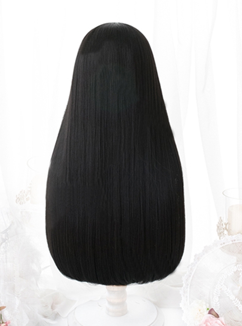 Japanese Harajuku Style Elegant Princess Cut Flat Bangs 60cm Long Straight Black Hair Classic Lolita Full Head Wig