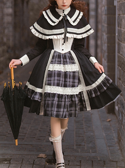 White Night Notes Series French Romance Retro Black Hollow Plaid Pattern Classic Lolita Puff Sleeves Dress Knitted Cape Set