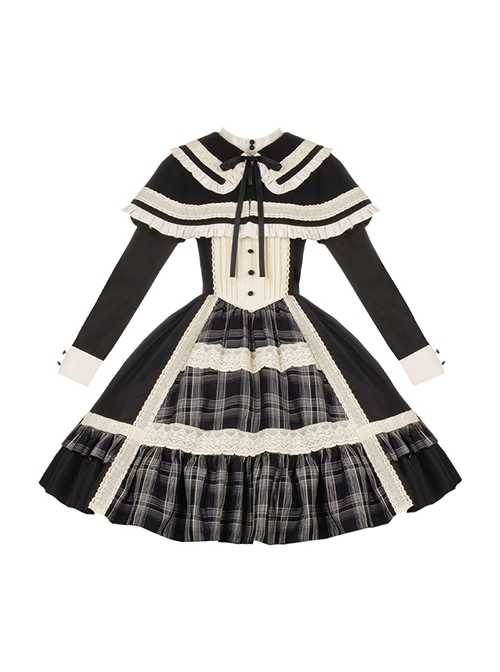 White Night Notes Series French Romance Retro Black Hollow Plaid Pattern Classic Lolita Puff Sleeves Dress Knitted Cape Set