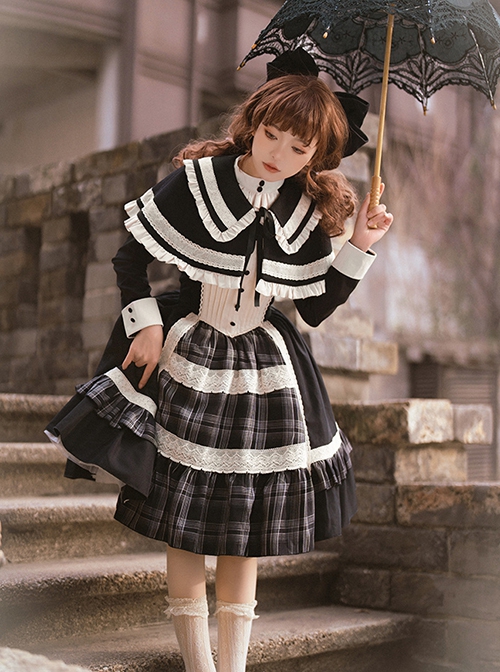 White Night Notes Series French Romance Retro Black Hollow Plaid Pattern Classic Lolita Puff Sleeves Dress Knitted Cape Set