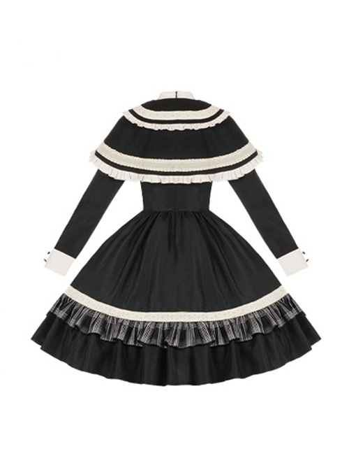White Night Notes Series French Romance Retro Black Hollow Plaid Pattern Classic Lolita Puff Sleeves Dress Knitted Cape Set