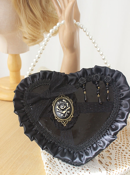 Gorgeous Exquisite Hard Girl Style Heart Shape Lace Bowknot Ruffles Pearl Pendant Gothic Lolita Crossbody Bag