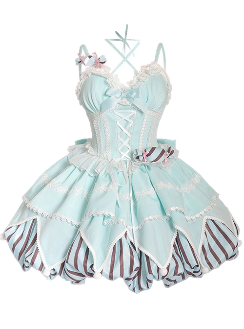 Sweetheart Gummies Series Limited Edition Candy Mint Chocolate Stripe Lace Bowknot Flower Bud Sweet Lolita Sling Dress