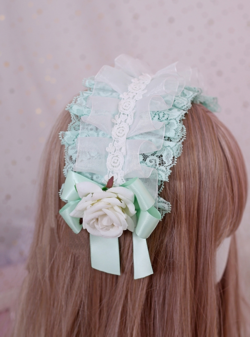 Gorgeous Exquisite Satin Rose Fresh Mint Green Versatile Cute Flower Lace Bowknot Sweet Lolita Headband