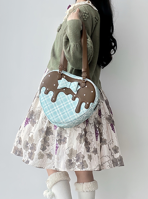 Heart Shape Runny Cream Checkered Pattern Bowknot Sweet Lolita Transparent Layer Display Crossbody Shoulder Bag