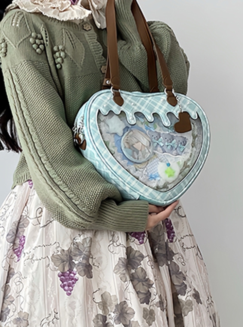 Heart Shape Runny Cream Checkered Pattern Bowknot Sweet Lolita Transparent Layer Display Crossbody Shoulder Bag