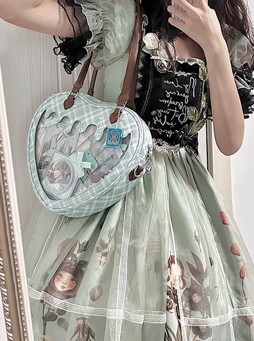 Heart Shape Runny Cream Checkered Pattern Bowknot Sweet Lolita Transparent Layer Display Crossbody Shoulder Bag