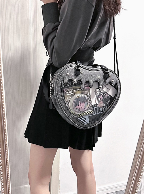 Heart Shape Runny Cream Checkered Pattern Bowknot Sweet Lolita Transparent Layer Display Crossbody Shoulder Bag