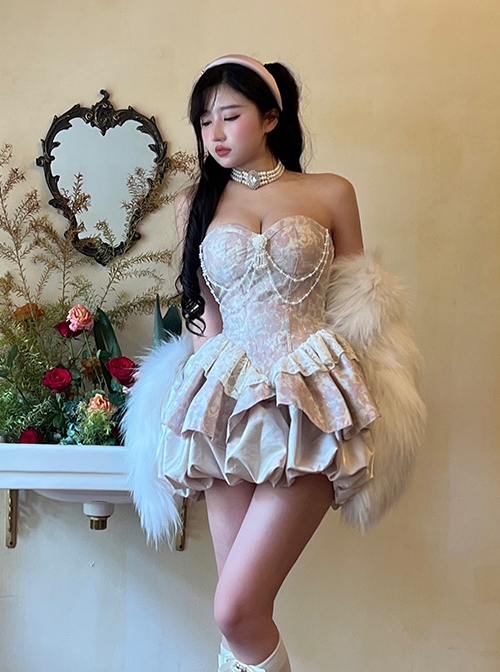 Sweetheart Daughter Series Rich Girl Sweet Birthday Party Lace Ruffles Slim Fit Sexy Pearl Chain Kawaii Fashion Tube Top Short Dress