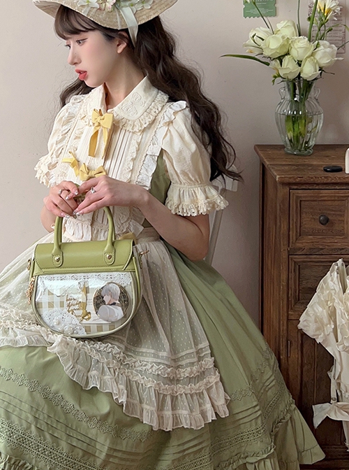 Spring Picnic Series Cute Plaid Little Daisy Wavy Flip Cover Transparent Layer Dual Use Sweet Lolita Handbag