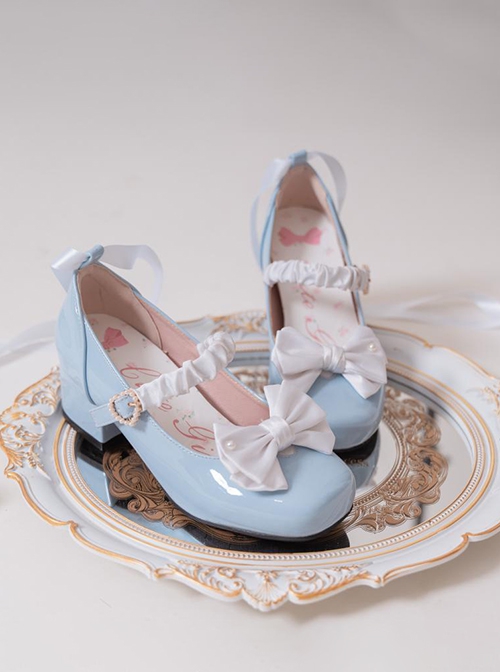 Sugar Cube Girl Series Princess Style Elegant Contrast Color Pearl Love Button Sweet Lolita Square Toe High Heels Shoes