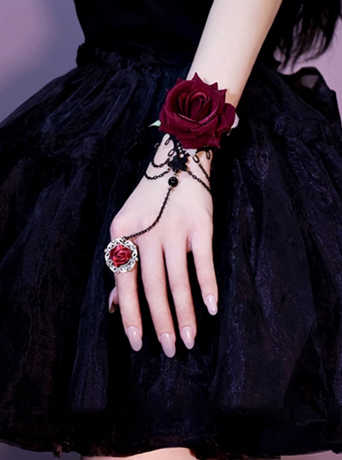 Punk Style Gothic Lolita Retro Artificial Dark Red Rose Lace Ring Gloves Sexy Chain Black Lace Wrist Straps