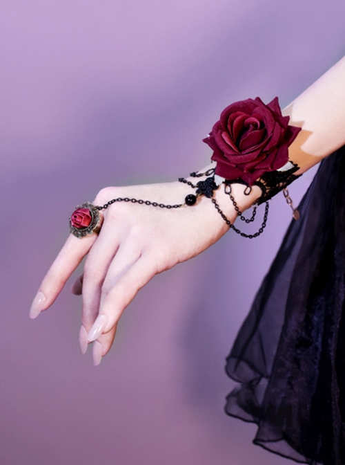 Punk Style Gothic Lolita Retro Artificial Dark Red Rose Lace Ring Gloves Sexy Chain Black Lace Wrist Straps