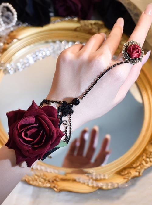 Punk Style Gothic Lolita Retro Artificial Dark Red Rose Lace Ring Gloves Sexy Chain Black Lace Wrist Straps