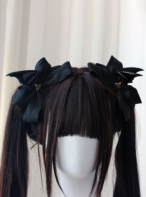 Dark Hard Girl Style Bowknot Devil Wings Halloween Gothic Lolita Double Ponytail Clip Hairpin