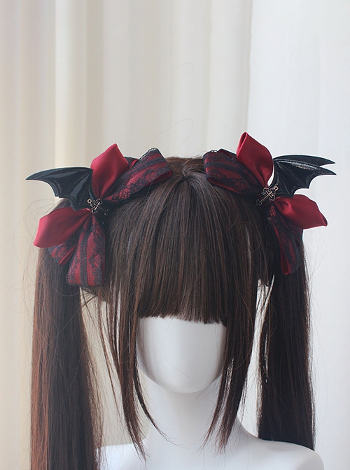 Dark Hard Girl Style Bowknot Devil Wings Halloween Gothic Lolita Double Ponytail Clip Hairpin