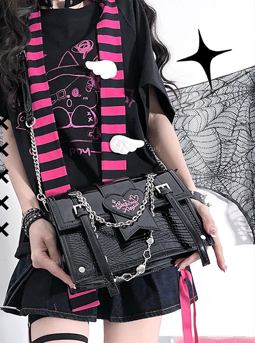 Chain Love Full Score Series Heart Imitation Crocodile Texture Subculture Sweet Cool Gothic Lolita Hot Girl Crossbody Bag