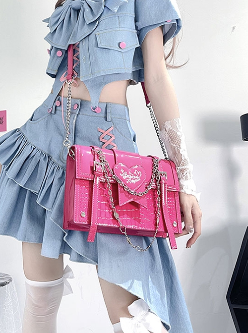 Chain Love Full Score Series Heart Imitation Crocodile Texture Subculture Sweet Cool Gothic Lolita Hot Girl Crossbody Bag