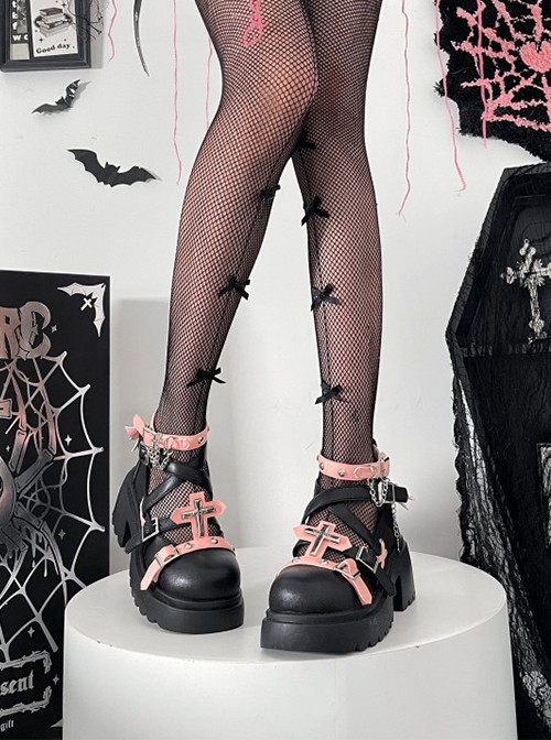 Goth Girl Series Punk Style Y2K Devil Wings Contrast Color Cross Round Head Studded Gothic Lolita High Heels Thick Sole Shoes