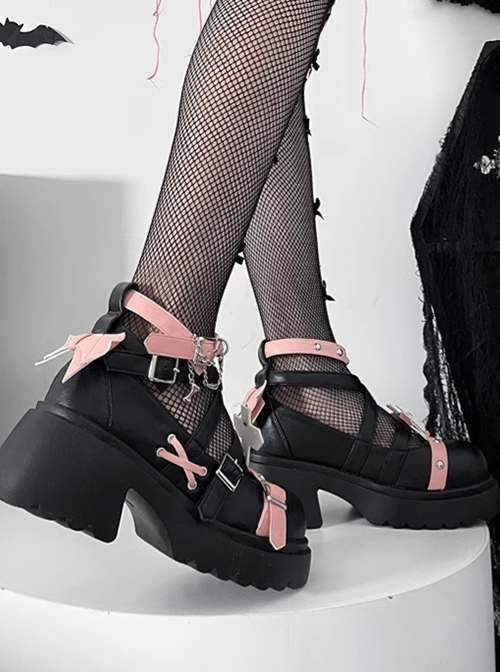 Goth Girl Series Punk Style Y2K Devil Wings Contrast Color Cross Round Head Studded Gothic Lolita High Heels Thick Sole Shoes