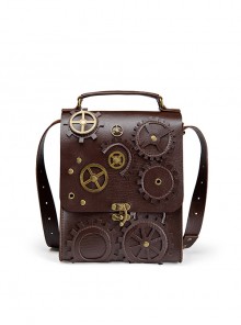 Steampunk Brown Vintage Gear Element Bronze Alloy High Capacity Multifunctional Flip Cover Shoulder Crossbody Handbag