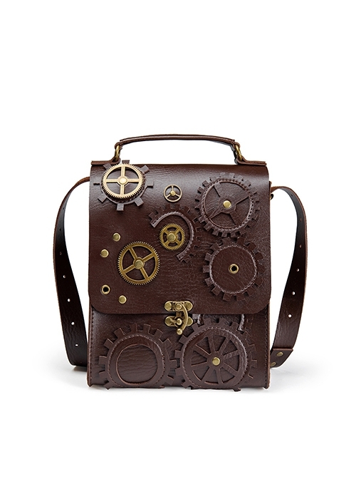 Steampunk Brown Vintage Gear Element Bronze Alloy High Capacity Multifunctional Flip Cover Shoulder Crossbody Handbag