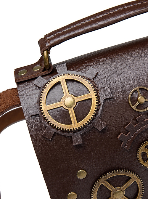 Steampunk Brown Vintage Gear Element Bronze Alloy High Capacity Multifunctional Flip Cover Shoulder Crossbody Handbag