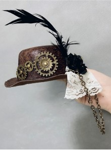 Elegant Vintage Handmade Steampunk Lolita Pirate Style Metal Gear Chain Side Black Feather Lace Ruffles Brown Round Hat