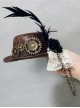 Elegant Vintage Handmade Steampunk Lolita Pirate Style Metal Gear Chain Side Black Feather Lace Ruffles Brown Round Hat