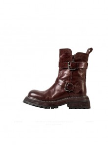 British Style Genuine Leather Punk Cool Daily Versatile Natural Folds Horse Leather Round Toe Mid Tube Martin Boots