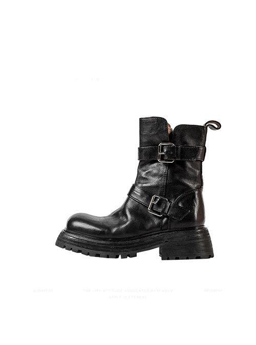 British Style Genuine Leather Punk Cool Daily Versatile Natural Folds Horse Leather Round Toe Mid Tube Martin Boots